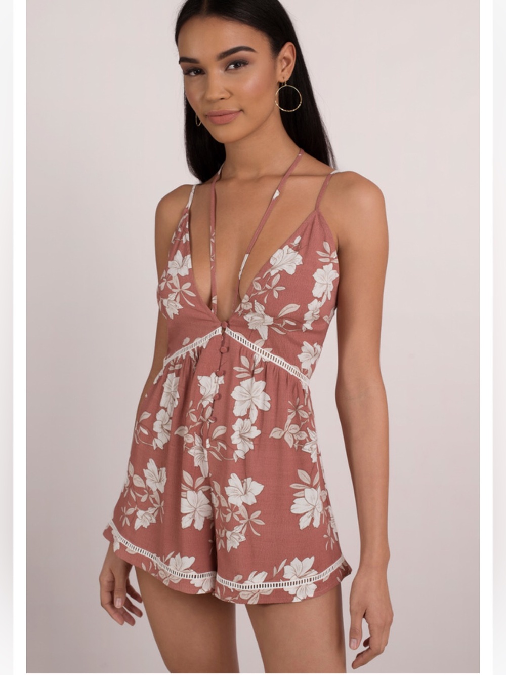 Tobi Rose Mauve Floral Lace-Trim Romper